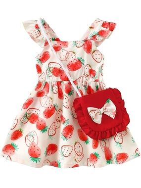 Baby Girl Strawberry Print Ruffle Strap Dress with Red Crossbody Bag 18-24
